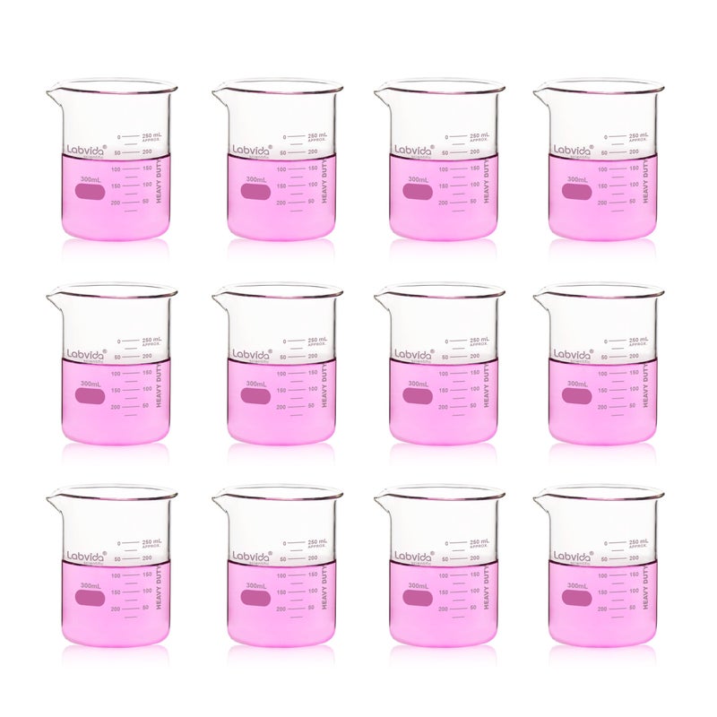 Labvida 12pcs 300ml Upgrated Thick Glass Beakers, Griffin Low Form Beaker Set with Double Scale, 3.3 Boro, LVA011 - Image 1